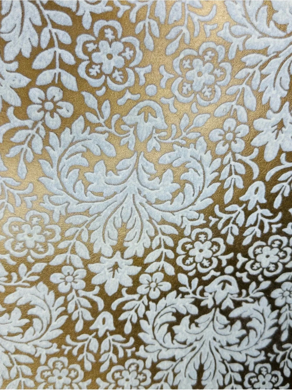 Vintage 1970s Flocked Damask Wallpaper Roll White Velvet Gold Floral 20.5”